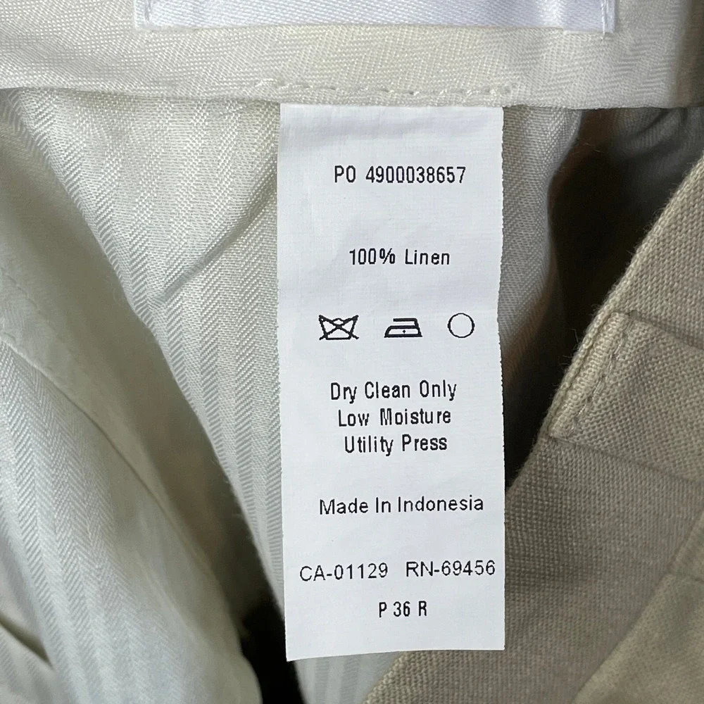 Calvin Klein Pants Mens Size 36 100%‎ Linen Beige Tan Flat Front Chino Trousers